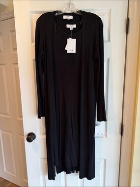 Magaschoni Black Long Sleeve Ribbed Knit Jacket and Sleeveless Midi Dress NWT L